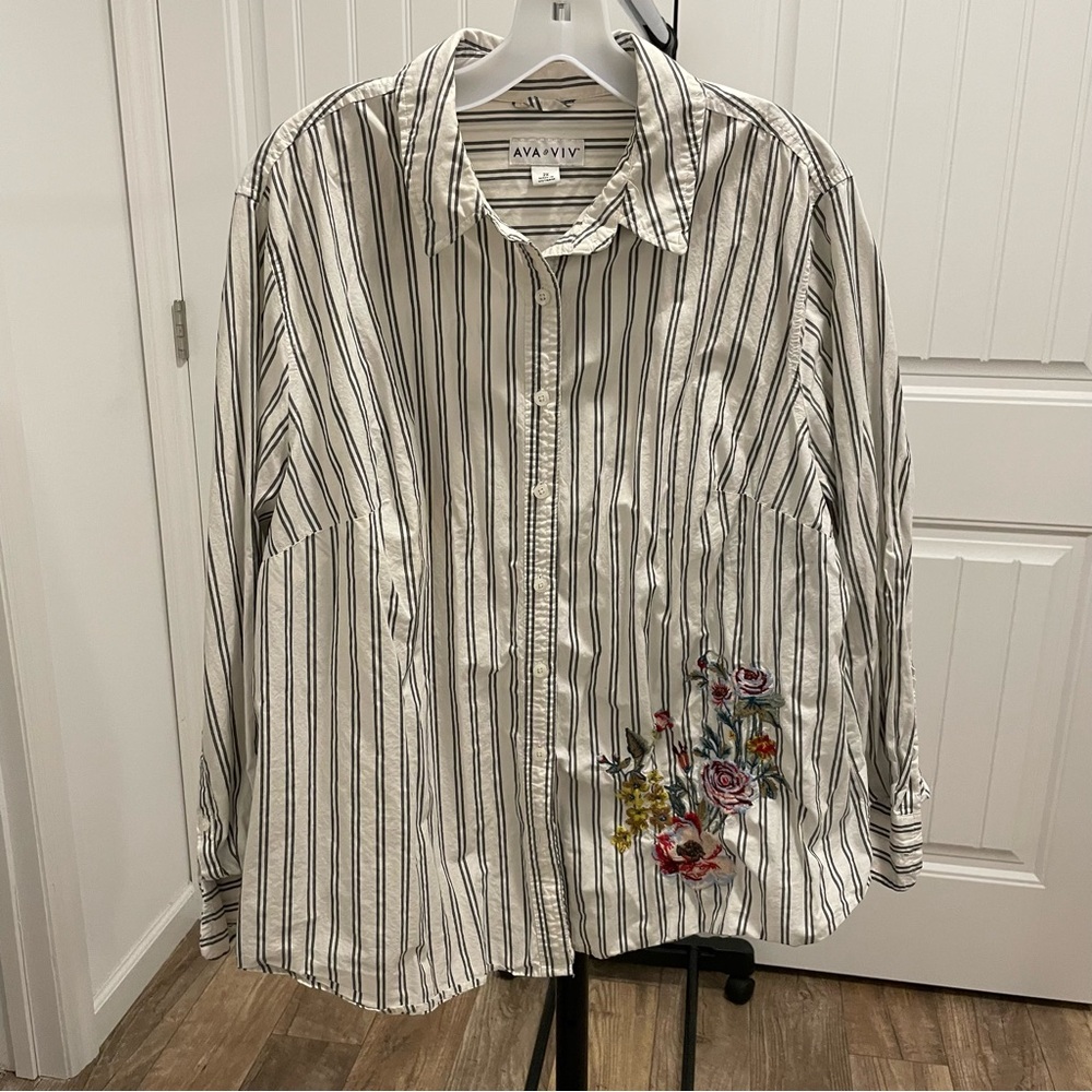 Black and White Striped Shirt with Floral Embroidery